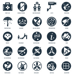 Elements Such As Elevator, Car, Noise, Mobile phone, Marijuana, Hanger, Toxic, Death icon vector illustration on white background. Universal 25 icons set.