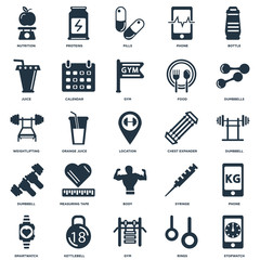Elements Such As Stopwatch, Rings, Gym, Kettlebell, Smartwatch, Dumbbells, Chest expander, Body, Dumbbell, Juice, Pills, Proteins icon vector illustration on white background. Universal 25 icons set.