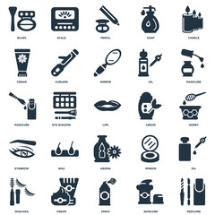 Elements Such As Pedicure, Skincare, Spray, Cream, Mascara, Manicure, Aroma, Eyebrow, Pencil, Scale icon vector illustration on white background. Universal 25 icons set.