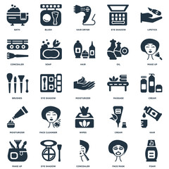 Elements Such As Foam, Cream, Make up, Blush, Soap, Brushes icon vector illustration on white background. Universal 25 icons set.
