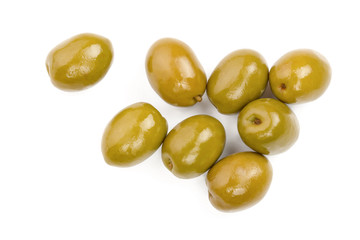 Green olives isolated on a white background. Top view. Flat lay