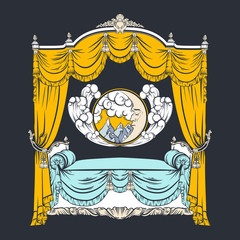 Vector illustration of baroque bed with baldachin and moon with face and clouds made in hand drawn sketch style. Beautiful furniture design. Template for business car, poster, banner, print, placard. © varvarabasheva
