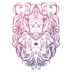 Vector hand drawn illustration of fortune teller with three eyes. Hand sketched creative artwork with baroque and floral motives. Template for card poster, banner, print for t-shirt. Tattoo art.
