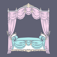 Vector illustration of baroque bed with baldachin  made in hand drawn sketch style. Beautiful furniture design. Template for business car, poster, banner, print, placard. © varvarabasheva