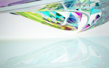 abstract architectural interior with colored smooth glass sculpture with white lines. 3D illustration and rendering