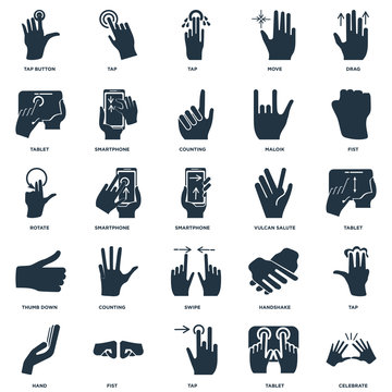 Elements Such As Celebrate, Tablet, Tap, Fist, Hand, Vulcan salute, Swipe, Thumb down, Tap icon vector illustration on white background. Universal 25 icons set.