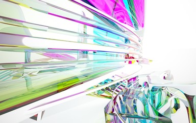 abstract architectural interior with colored smooth glass sculpture with white lines. 3D illustration and rendering
