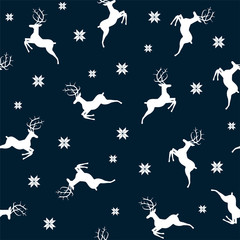 Fototapeta premium Vector illustrated traditional nordic pattern with deers and snowflakes. Seamless Christmas background