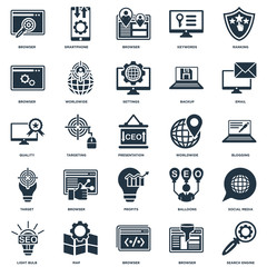 Elements Such As Search engine, Browser, Map, Light bulb, Email, Worldwide, Profits, Target, Smartphone icon vector illustration on white background. Universal 25 icons set.