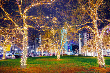 Ornamented illuminated trees on Potsdamer Platz in Berlin, Germany. Christmas time in Berlin....