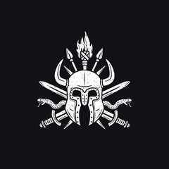 Monochrome viking helmet emblem. Retro logo
