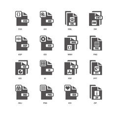 Zip, Png, Wmv, Obj, Ppt, Css, Asp, Iso, Ico, Eml icon 16 set EPS