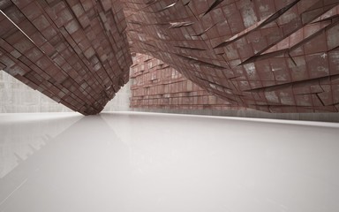Obraz premium Empty abstract room interior of sheets rusted metal, brown concrete and white glossy floor. Architectural background. 3D illustration and rendering