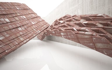 Empty abstract room interior of sheets rusted metal, brown concrete and white glossy floor. Architectural background. 3D illustration and rendering