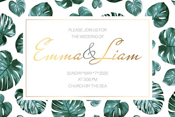 Wedding marriage event invitation card template. Exotic tropical jungle rainforest green philodendron monstera leaves border frame. Horizontal landscape layout. Shiny gold gradient text placeholder. © imaginarybo