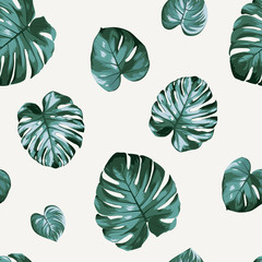 Floral seamless pattern green split-leaf monstera Philodendron plant on beige background.