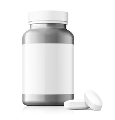 Mockup of plastic bottle with pills isolated on white background. Can be used for medical, cosmetic. Quickly allow you to present your idea or the finished product. Vector illustration. EPS10.