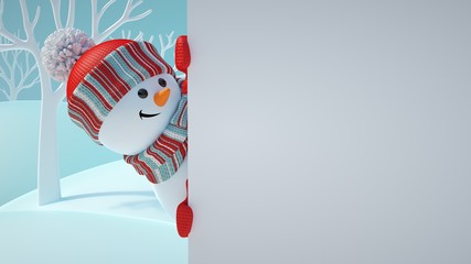 3d render, cute snowman, playing hide and seek, looking out the corner, holding blank banner, white page, Christmas background, New Year, greeting card template, space for text, winter landscape