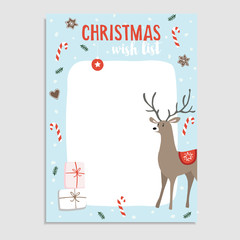 Cute Christmas greeting card, wish list. Reindeer with candy canes, fir tree branches, gingerbread cookies, gift packages and snow. Hand drawn vector illustration background.