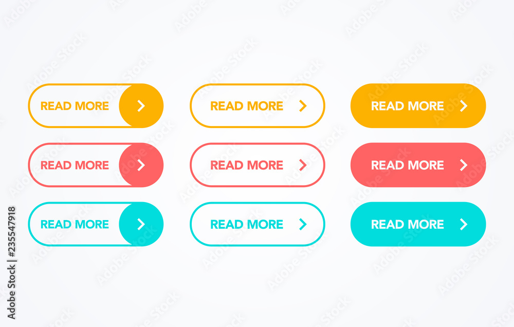 Poster Read More colorful button set on white background. Flat line action button collection. Vector web element