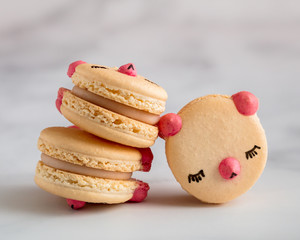 Macaron Cookies with Faces on a White Marble Background