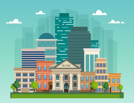 Flat vector illustration cityscape. City skyline office buildings, bank and family houses.