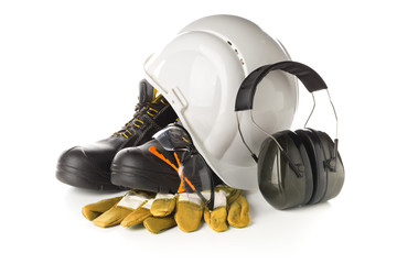 Work safety and protection equipment - protective shoes, safety glasses, gloves and hearing...