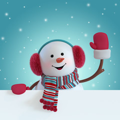 Obraz premium 3d render, christmas snowman character, wearing furry headphones, scarf, waving hand, blank banner, greeting card template, space for text, winter holiday clip art, snowfall, funny toy, illustration