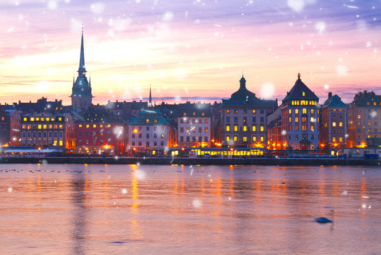 sunset scenery of the Old Town in Stockholm with snow, Sweden