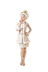 Beautiful, happy, emotional young woman dressed like Santa Claus smiling. Christmas-New year carnival.