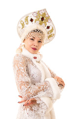 Beautiful, happy, emotional young woman dressed like Santa Claus smiling. Christmas-New year carnival.