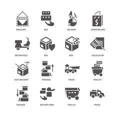 Truck, Box, Envelope, Trolley, Package, Trolley icon 16 set EPS