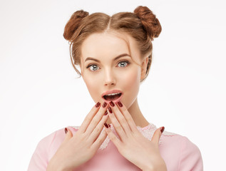 Excited woman surprise holds cheeks by hand. Looking camera. Expressive facial expressions. Isolated on white background.