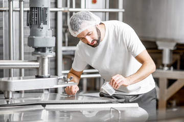 Worker adding supplements during the milk fermentation process in the stainless tank at the cheese manufacturing