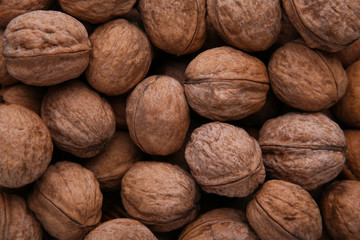 Walnuts kernels on blue wooden background. Walnut healthy food