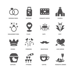 Romantic dinner, Place, Wedding rings, Suitcase, Love arrow, Mou