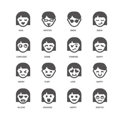 Sceptic, Happy, Thinking, In love, Kiss, Confused, Angry, Shocke