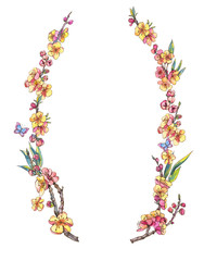 Watercolor spring wreath, vintage floral frame with blooming branches of cherry