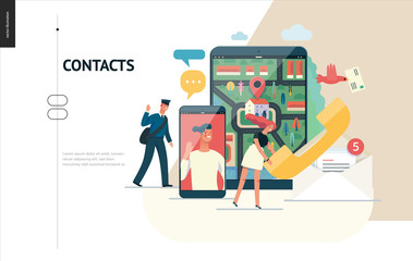 Business series, color 1 - contacts - modern flat vector illustration concept of intercommunicators. Connection ways and tools -web, phone, chat, messenger, post. Creative landing page design template