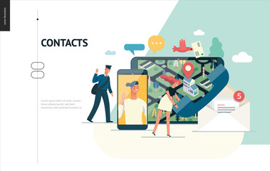 Business series, color 1 - contacts - modern flat vector illustration concept of intercommunicators. Connection ways and tools -web, phone, chat, messenger, post. Creative landing page design template