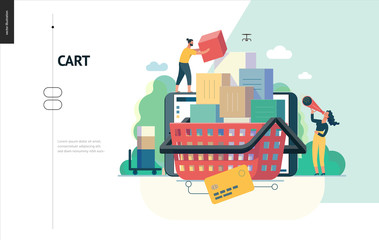 Business series, color 1- cart - modern flat vector illustration concept of online shop - people placing boxes into the cart. Purchase cart and shopping process. Creative landing page design template