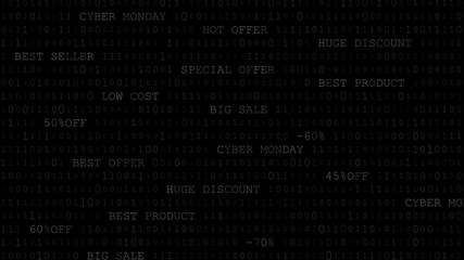 Obraz premium Cyber monday background of zeros, ones and inscriptions in black and gray colors