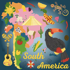 drawing_1_made in flat style on the theme of South America, animals, buildings, plants, holidays, continent map, food design elements tourism travel, sticker design for printing and decoration