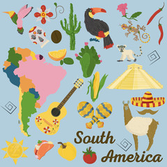 drawing made in flat style on the theme of South America, animals, buildings, plants, holidays, continent map, food design elements tourism travel, sticker design for printing and decoration