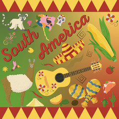 drawing_6_made in flat style on the theme of South America, animals, buildings, plants, holidays, continent map, food design elements tourism travel, sticker design for printing and decoration