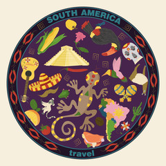 drawing_9_made in flat style on the theme of South America, animals, buildings, plants, holidays, continent map, food design elements tourism travel, sticker design for printing and decoration