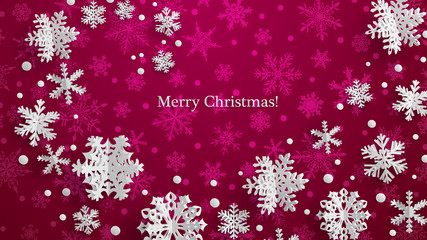 Christmas illustration with white three-dimensional paper snowflakes on crimson background