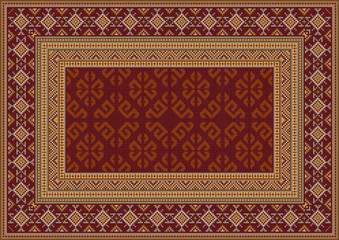 Luxury vintage oriental carpet in maroon shades with patterns of yellow, beige and grey colors

