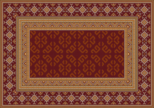 Luxury vintage oriental carpet in maroon shades with patterns of yellow, beige and grey colors

