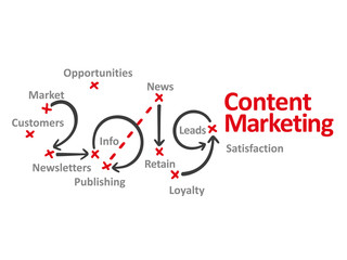 Content Marketing New Year 2019 word cloud red marks white background vector